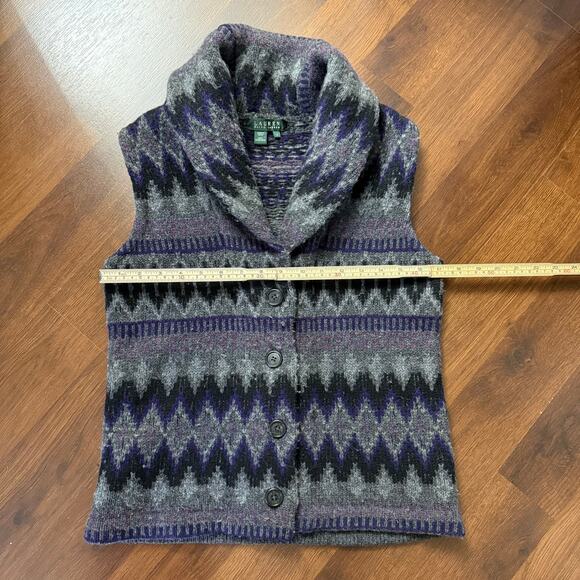 Lauren Ralph Lauren Lambswool Sweater Vest Gray Purple Aztec Western Preppy Sz S - Picture 6 of 8